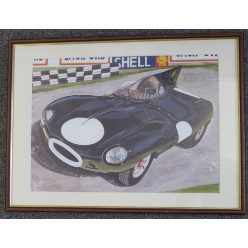 218 - Trio of motor related high-quality reproduction posters in matching wooden frames including Jaguar D... 