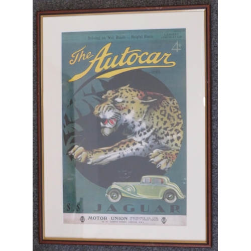 218 - Trio of motor related high-quality reproduction posters in matching wooden frames including Jaguar D... 