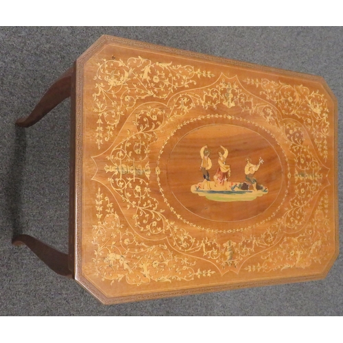 206 - A Sorrento ware inlaid music box table. Some wear to the table surface.  Musical mechanism is in wor... 