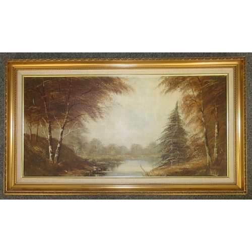 319 - A large woodland & river scene painted in Oil and nicely framed, warm tones, signed ‘Willo’. 79cm x ... 