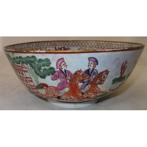 269 - A large Chinese Qing Dynasty famille rose export hand-painted porcelain punch bowl, plain circular f... 