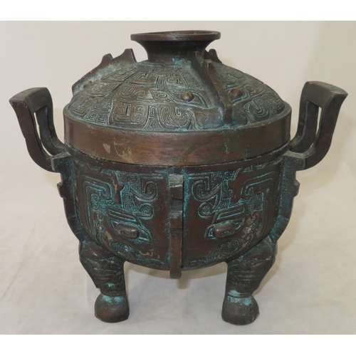 271 - Chinese 20th Century Ice Bucket after James Mont, cast iron with a faux bronze patina. Detailed patt... 