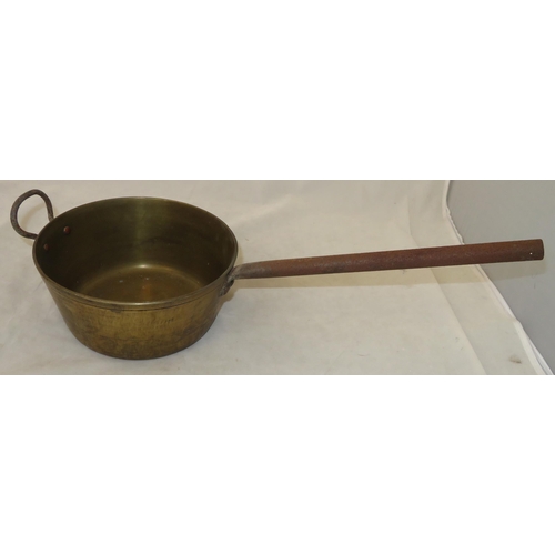 239 - Four brass/copper pans, various sizes, one with long handle.