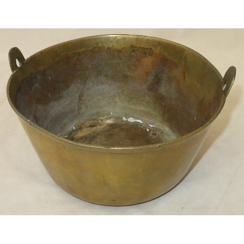 239 - Four brass/copper pans, various sizes, one with long handle.