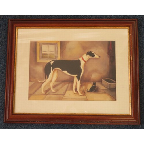 329 - Alexandra Churchill (Canada) – framed print with Greyhound and Cat, farmhouse animals. 39cm x 26.cm.