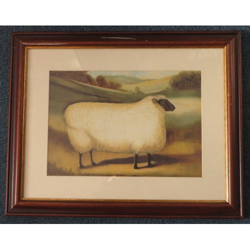 332 - Alexandra Churchill (Canada) – framed print with large square shaped sheep, farmhouse animals. 39cm ... 