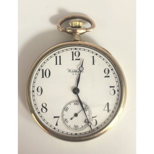 156 - A 9ct gold Waltham (USA) pocket watch in a Dennison case with a signed white enamel dial displaying ... 