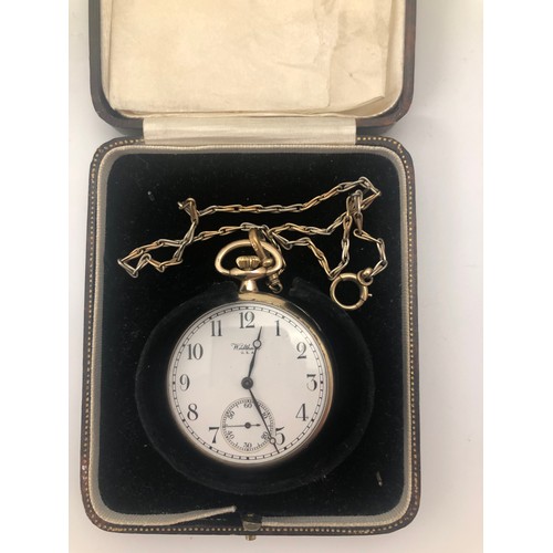 156 - A 9ct gold Waltham (USA) pocket watch in a Dennison case with a signed white enamel dial displaying ... 