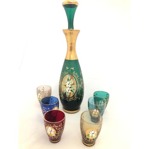 308 - Bohemian Glass – Turquoise decanter with six matching multicolour shot glasses. Floral design with g... 