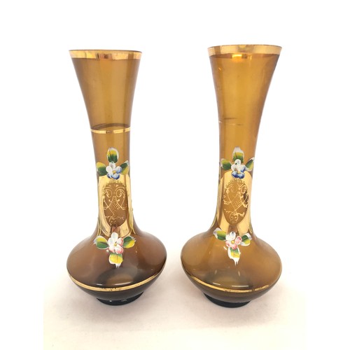 312 - Bohemian Glass – Pair of brown vases, with floral design and gilt finish.