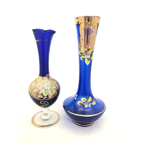 313 - Bohemian Glass – Pair of blue vases, with floral design and gilt finish.