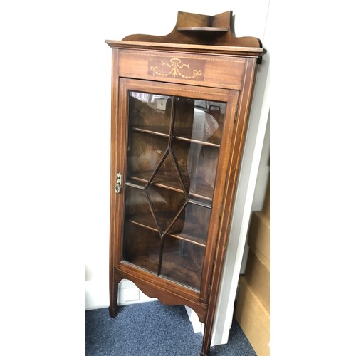 351 - Wooden corner display cabinet with glazed doors.
Dimensions approx 63cm x 37cm x 154cm