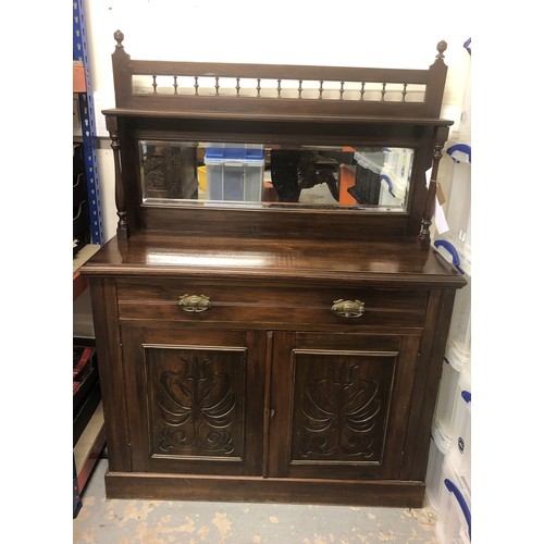 346 - An antique wooden Chiffonier, two pieces with mirror on top. Two doors with carved floral motif, one... 