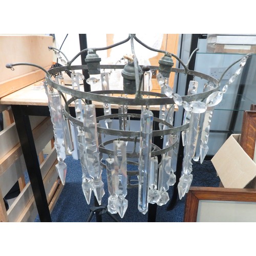 205 - Antique five tier hanging cut-glass chandelier, top ring 32cm, with fittings for 3 light bulbs.