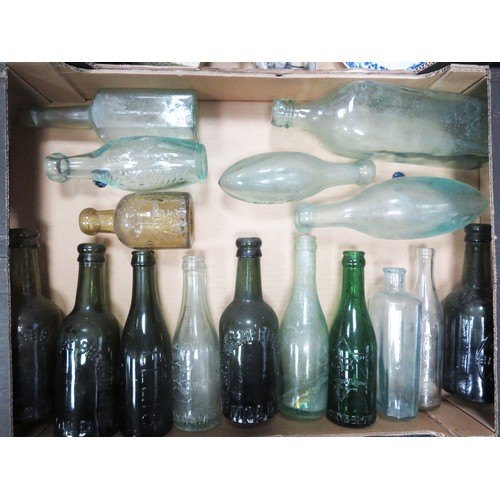 233B - Two trays of Glass & Ceramics miscellaneous items, including 16 Glass Beer & Mineral bottles with Ha... 