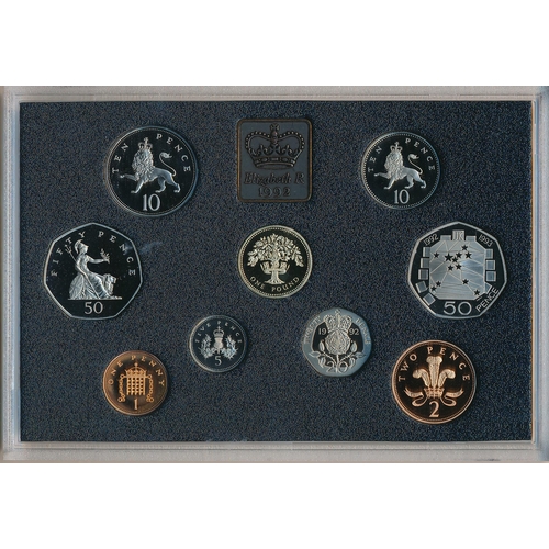 240 - 1992 UK proof cased set of nine coins FDC, with dual date EEC 50p, issued by The Royal Mint, in blue... 