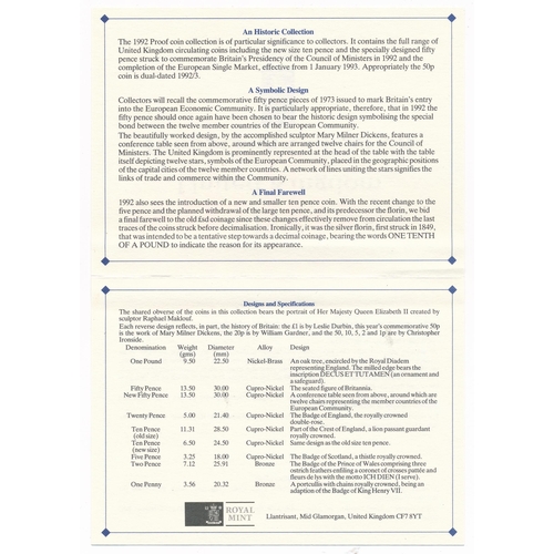240 - 1992 UK proof cased set of nine coins FDC, with dual date EEC 50p, issued by The Royal Mint, in blue... 