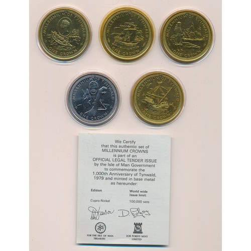 303 - Isle of Man range of nine (CuNi) cased sets of crowns including, 1984 Quincentenary of the college a... 