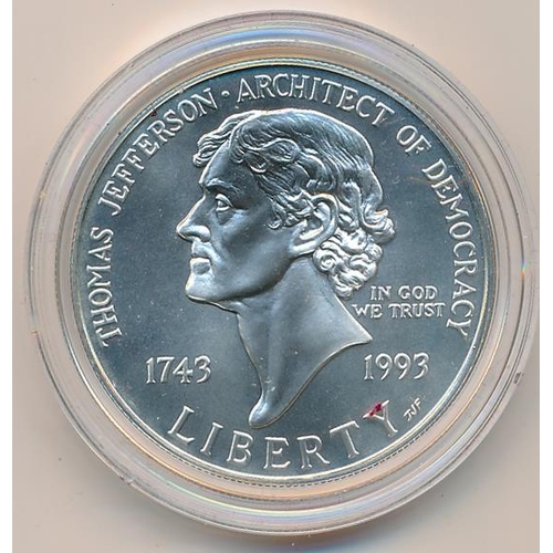 322 - The Thomas Jefferson 1993 Uncirculated 250th anniversary silver dollar in case with box and COA.