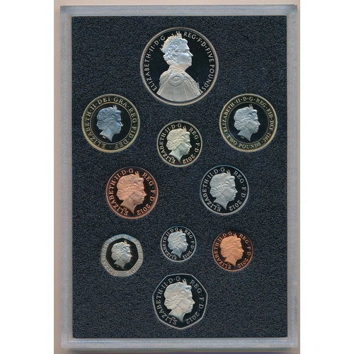 256 - 2012 UK proof set of ten coins by The Royal Mint, black book edition with box, aFDC with some light ... 