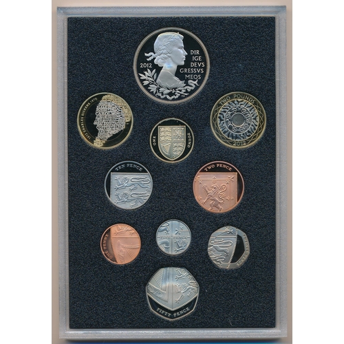 256 - 2012 UK proof set of ten coins by The Royal Mint, black book edition with box, aFDC with some light ... 