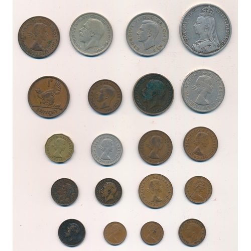 213 - Range of English coins in a tin, in mixed condition, with 1892 crown, half crowns, sixpences, silver... 