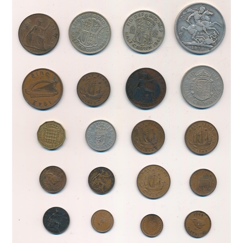 213 - Range of English coins in a tin, in mixed condition, with 1892 crown, half crowns, sixpences, silver... 