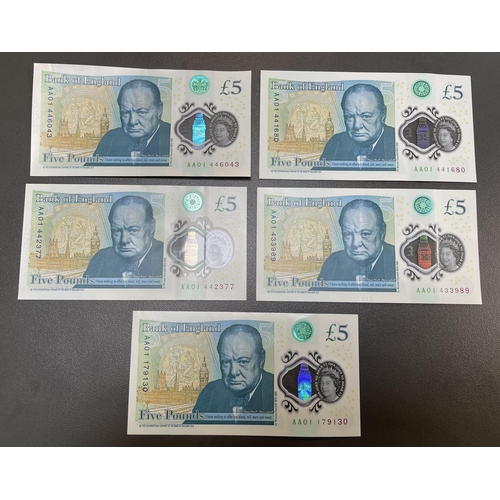 339 - Cleland £5 AA01 banknote x 5 (vf to ef) along with Somerset £1 CZ64 x 3 consecutive (ef). Qty 8