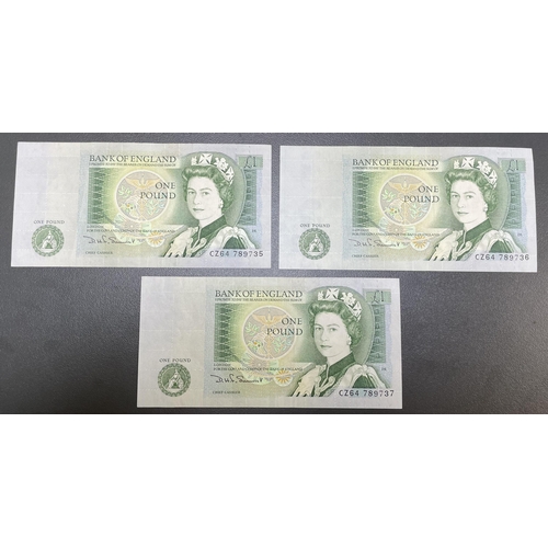 339 - Cleland £5 AA01 banknote x 5 (vf to ef) along with Somerset £1 CZ64 x 3 consecutive (ef). Qty 8