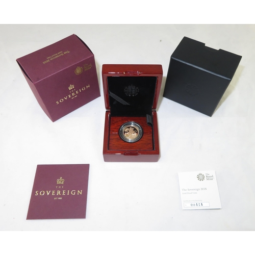 237 - 2018 sovereign gold proof FDC, issued by The Royal Mint, in wooden box of issue with black box and o... 