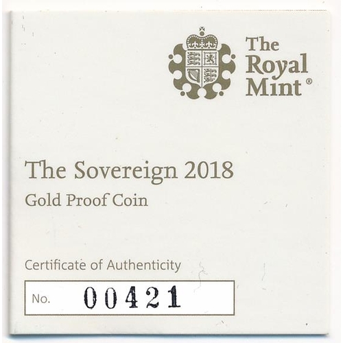 237 - 2018 sovereign gold proof FDC, issued by The Royal Mint, in wooden box of issue with black box and o... 