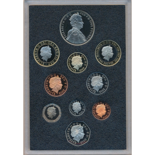 255 - 2012 UK proof set of 10 coins FDC by The Royal Mint, black book edition with box, includes certifica... 