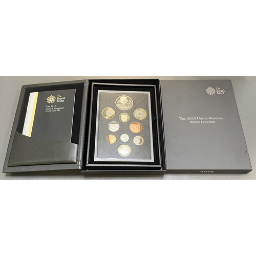 255 - 2012 UK proof set of 10 coins FDC by The Royal Mint, black book edition with box, includes certifica... 