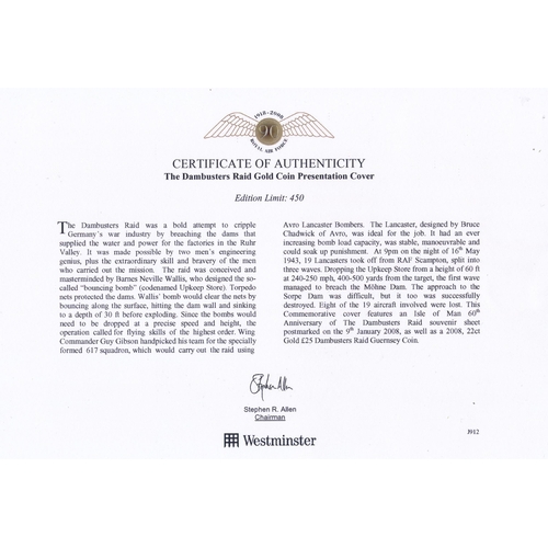 301 - Guernsey 2008 £25 gold proof FDC on The Dambusters Raid 60th Anniversary commemorative cover, in lea... 