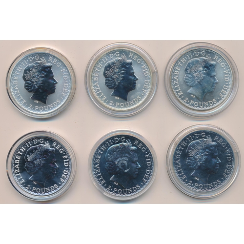 276 - £2 Britannia silver uncirculated range (6), in plastic capsules with 1998, 1999 (2), 2008, 2010 and ... 