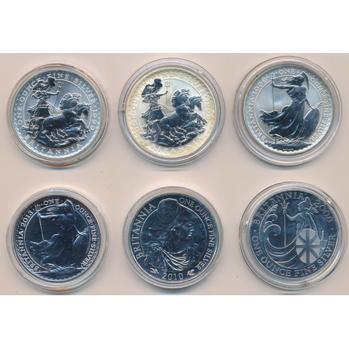 276 - £2 Britannia silver uncirculated range (6), in plastic capsules with 1998, 1999 (2), 2008, 2010 and ... 