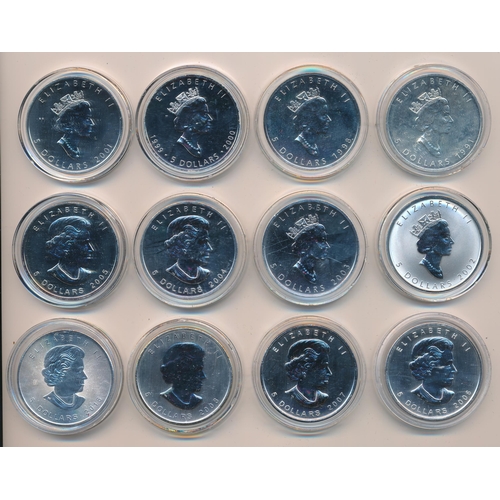 290 - Canada - $5 Maple Leaf uncirculated (12), all in plastic capsules, with 1991, 1998, 1999, 2001, 2002... 