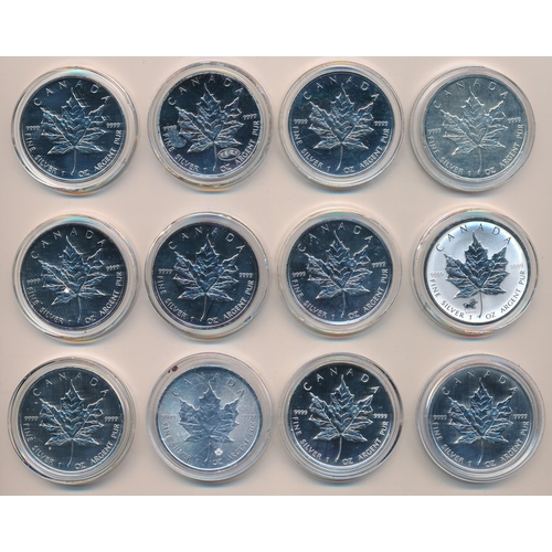 290 - Canada - $5 Maple Leaf uncirculated (12), all in plastic capsules, with 1991, 1998, 1999, 2001, 2002... 