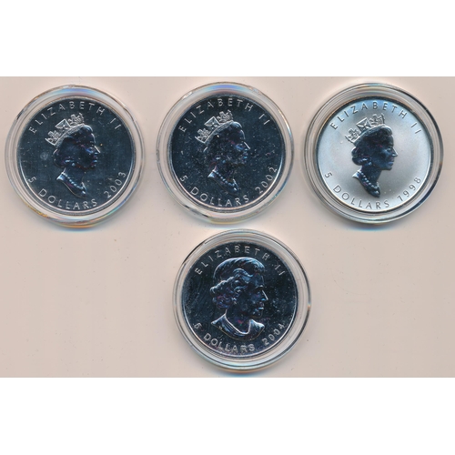 291 - Canada - $5 Maple Leaf uncirculated (4), in plastic capsules, with 1998, 2002, 2003 and 2004. Qty 4