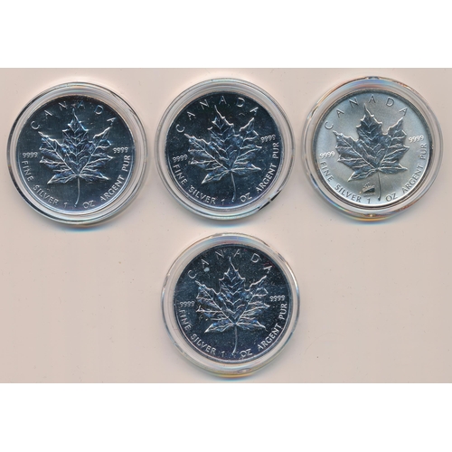 291 - Canada - $5 Maple Leaf uncirculated (4), in plastic capsules, with 1998, 2002, 2003 and 2004. Qty 4