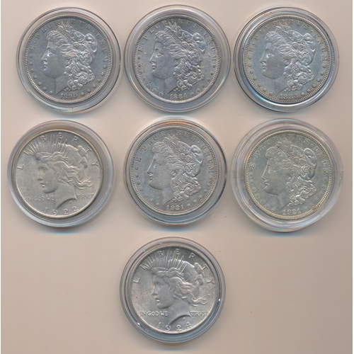 313 - USA range of silver dollars (7), fine to very fine with 1883S, 1884O, 1890S, 1921, 1921D, 1922 and 1... 