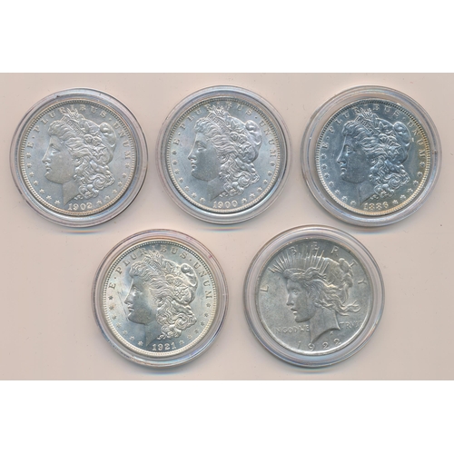 314 - USA range of silver dollars (5), very fine or better with 1886, 1900, 1902, 1921 and 1922. Qty 5