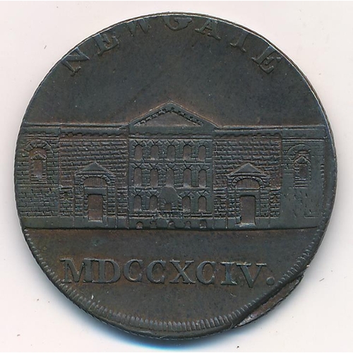 143 - 1794 Newgate Prison London (Middlesex) copper halfpenny token. Obv. front view of prison, legend 