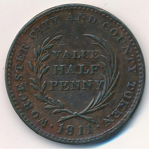 145 - 1811 Worcester copper penny token. Obv. Worcester City Arms to centre with legend 