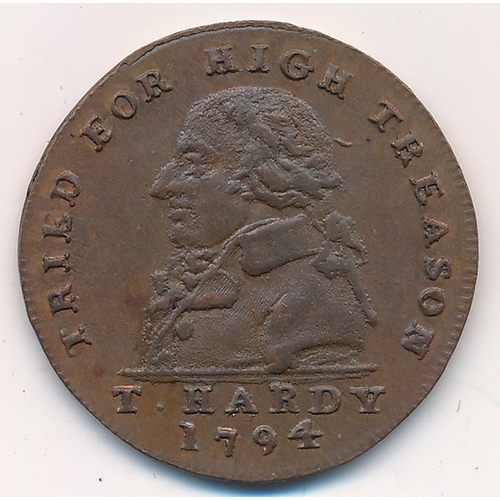 142 - 1794 Political Series London (Middlesex) halfpenny token. Obv. Bust of Hardy facing left with legend... 