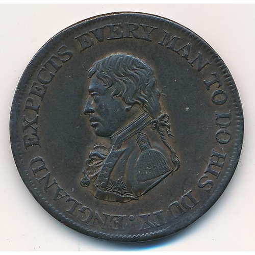 148 - 1812 British Naval halfpenny token. Obv. Bust of Vice Admiral Horatio Nelson to the left with legend... 