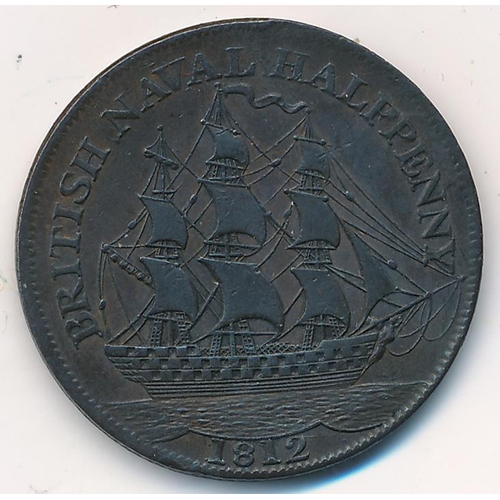 148 - 1812 British Naval halfpenny token. Obv. Bust of Vice Admiral Horatio Nelson to the left with legend... 