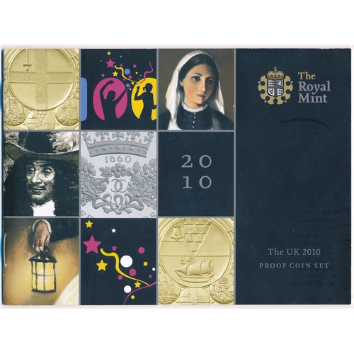 251 - 2010 UK deluxe proof coin set of 13 coins by The Royal Mint, black leather edition, with booklet.