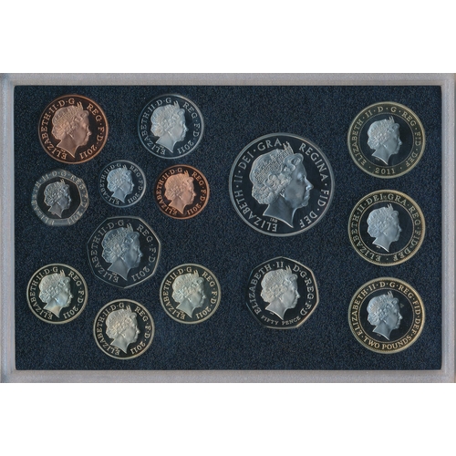 253 - 2011 UK deluxe proof cased set of 14 coins FDC, black leather edition, including booklet.