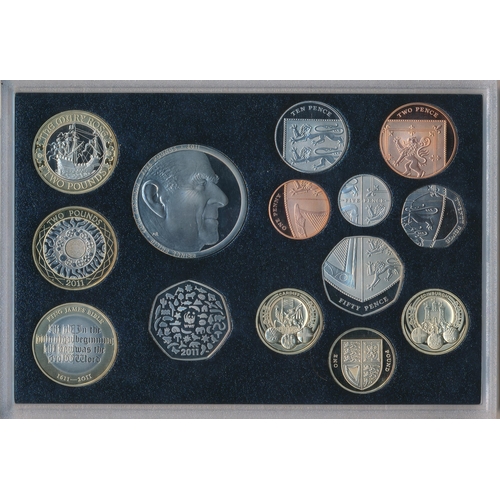 253 - 2011 UK deluxe proof cased set of 14 coins FDC, black leather edition, including booklet.